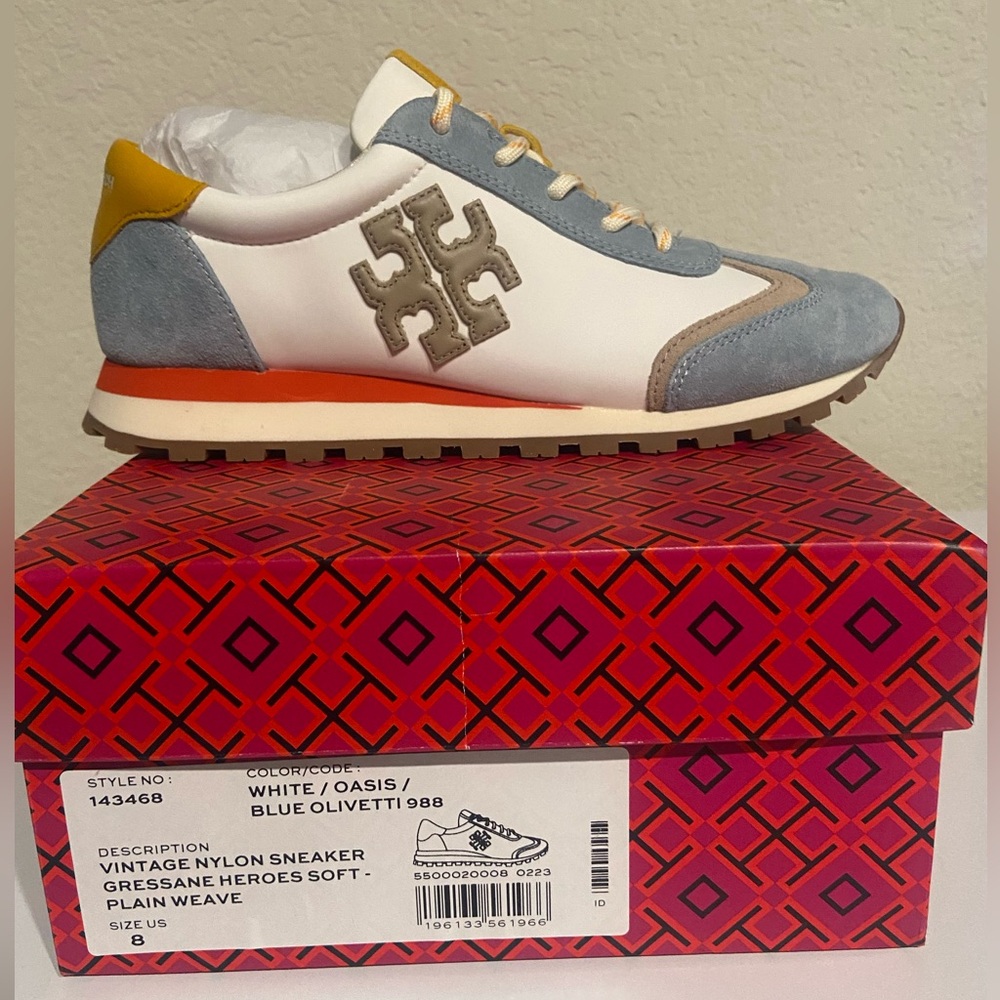 Tory burch vintage nylon sneakers size 8 in white/oasis/blue Olivetti
